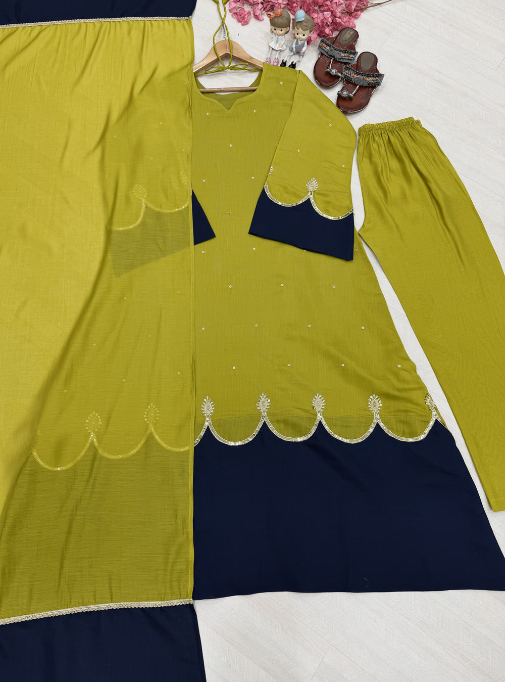 Mustard Yellow Roman Silk Kaftan Palazzo Set, view 6