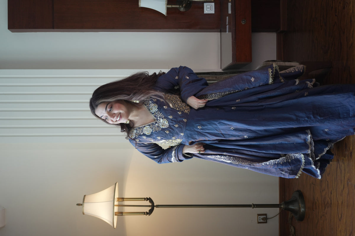 Navy Blue Vichitra Silk Sequin Anarkali Gown Set, view 2