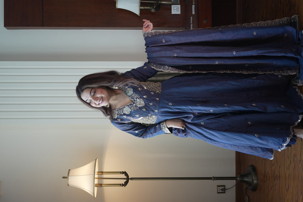 Navy Blue Vichitra Silk Sequin Anarkali Gown Set, view 3