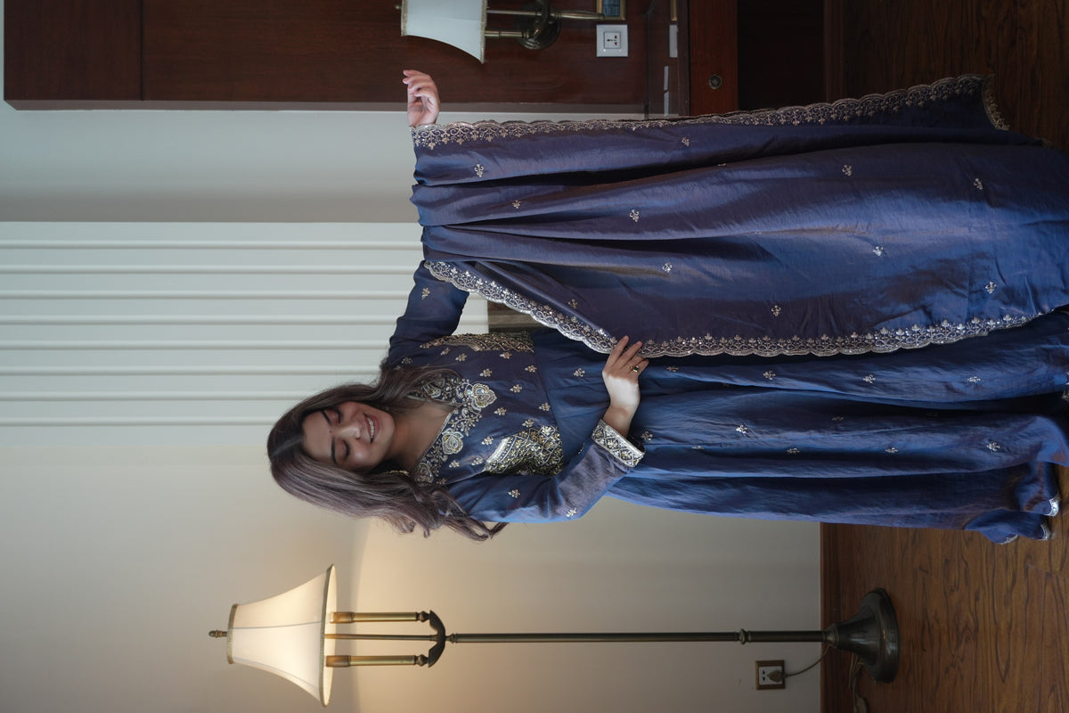 Navy Blue Vichitra Silk Sequin Anarkali Gown Set, view 4