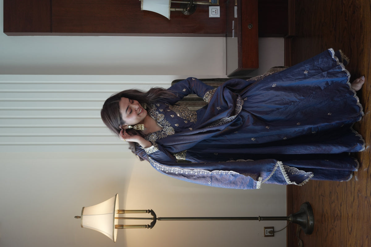 Navy Blue Vichitra Silk Sequin Anarkali Gown Set, view 5
