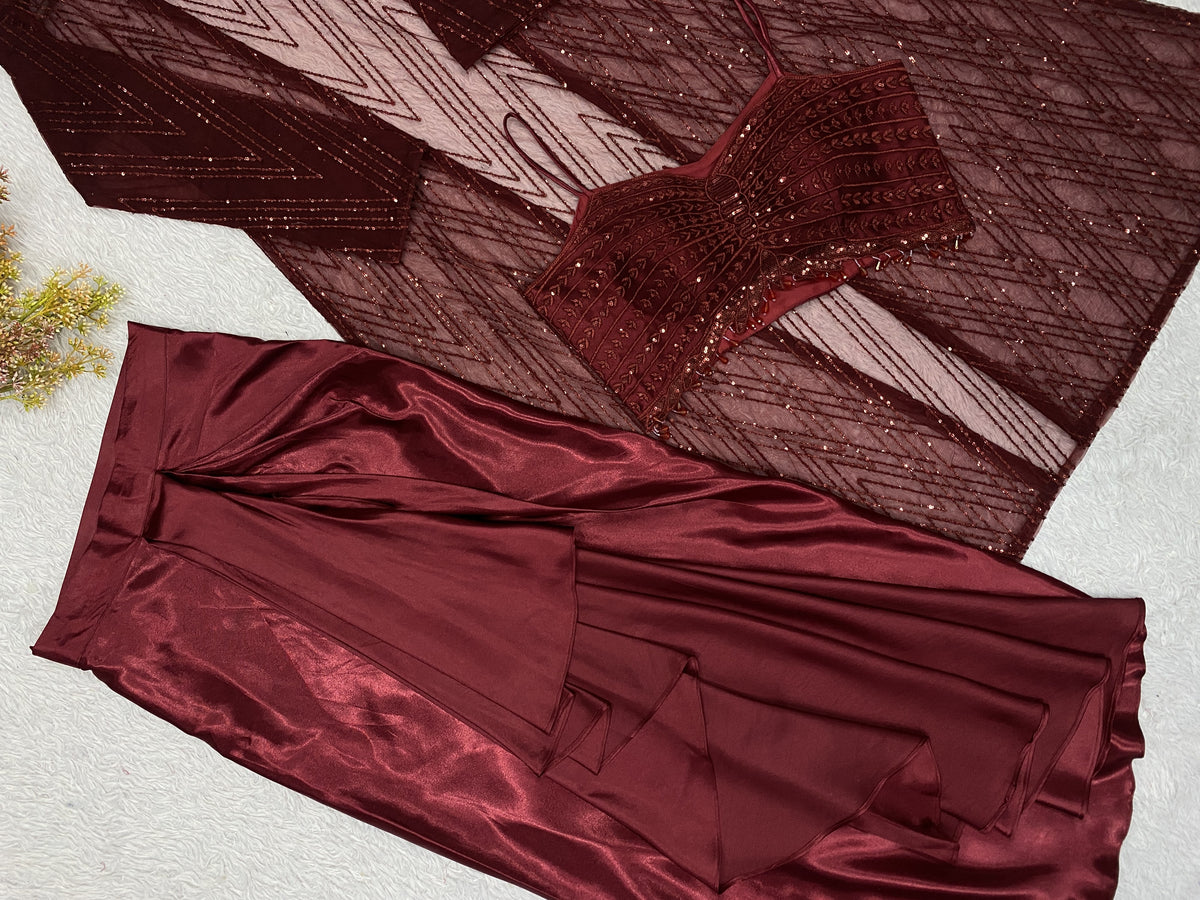 Maroon Satin Sequin Indo-Western Set, view 5