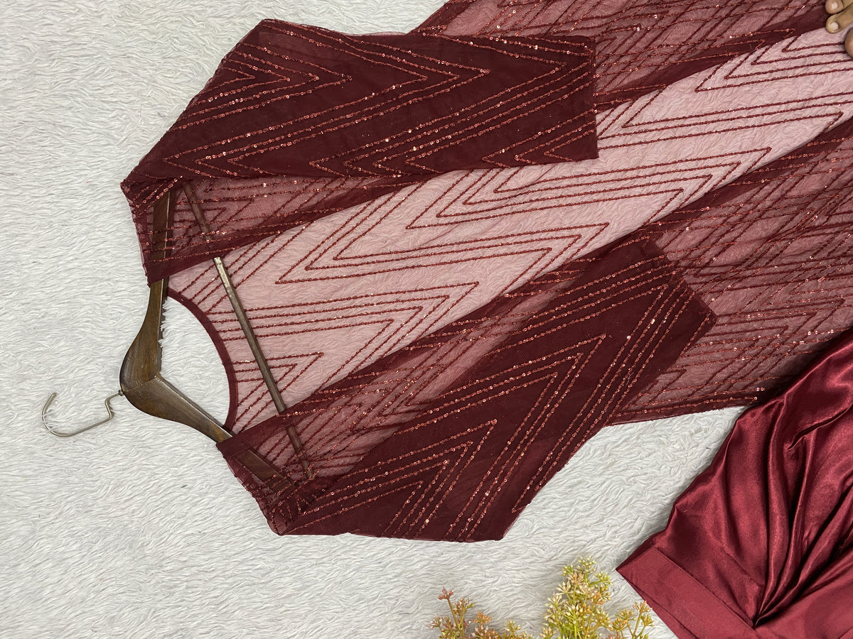 Maroon Satin Sequin Indo-Western Set, view 6