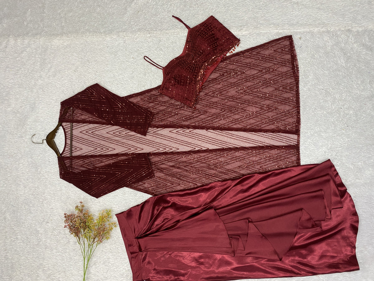 Maroon Satin Sequin Indo-Western Set, view 7