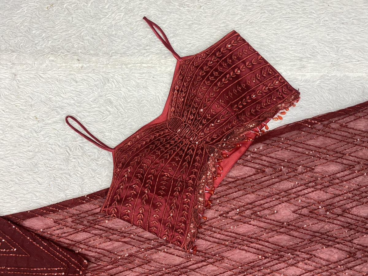 Maroon Satin Sequin Indo-Western Set, view 8