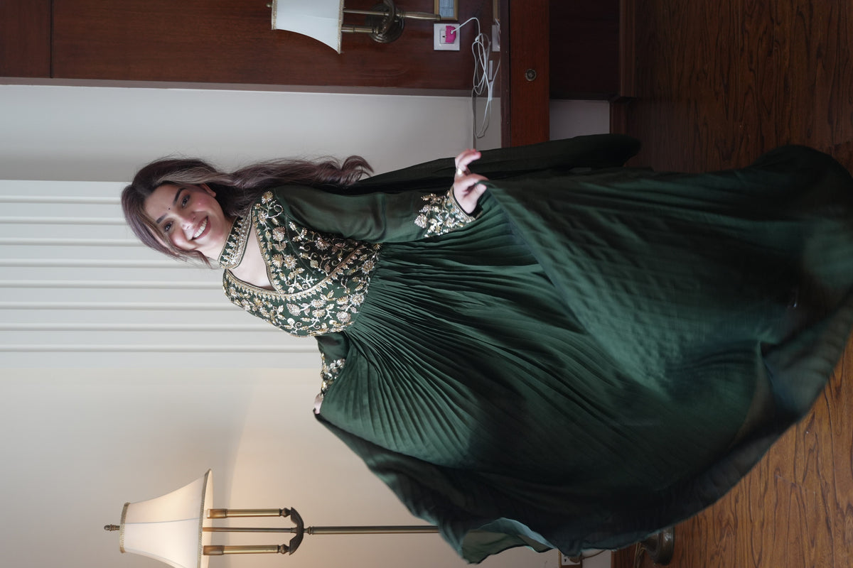 Bottle Green Vichitra Silk Sequin Gown