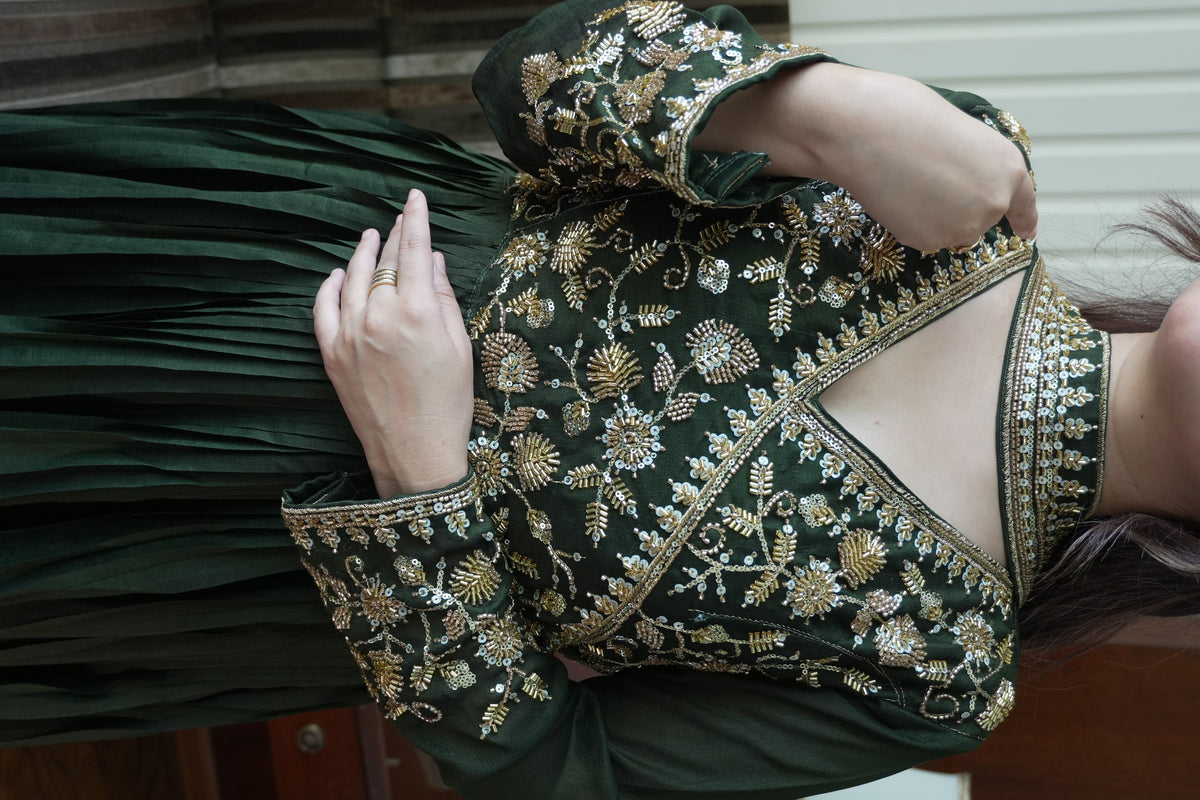 Bottle Green Vichitra Silk Sequin Gown, view 2