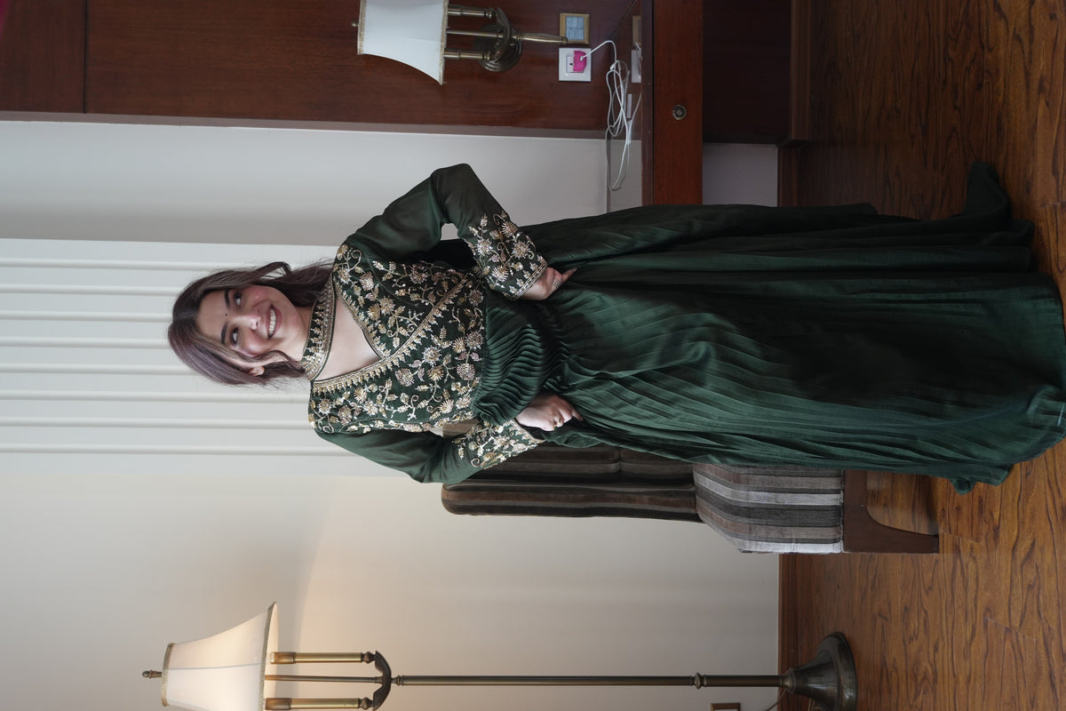Bottle Green Vichitra Silk Sequin Gown, view 3