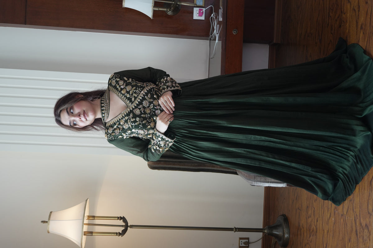 Bottle Green Vichitra Silk Sequin Gown, view 4