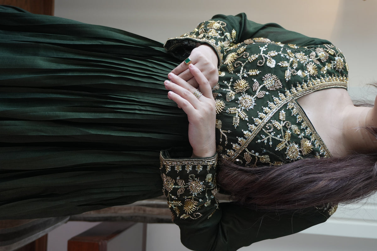 Bottle Green Vichitra Silk Sequin Gown, view 5