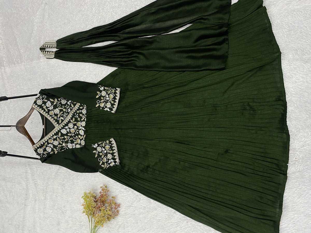 Bottle Green Vichitra Silk Sequin Gown, view 6