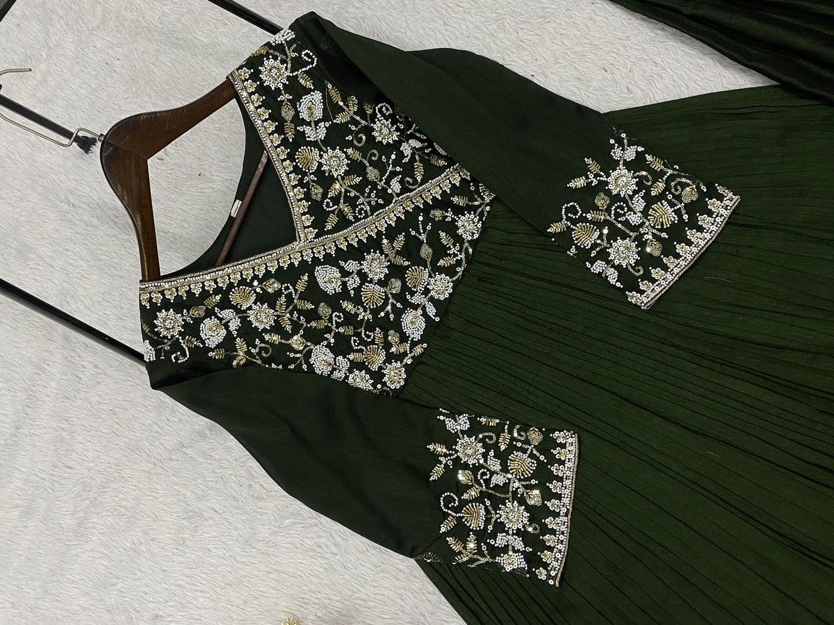 Bottle Green Vichitra Silk Sequin Gown, view 7