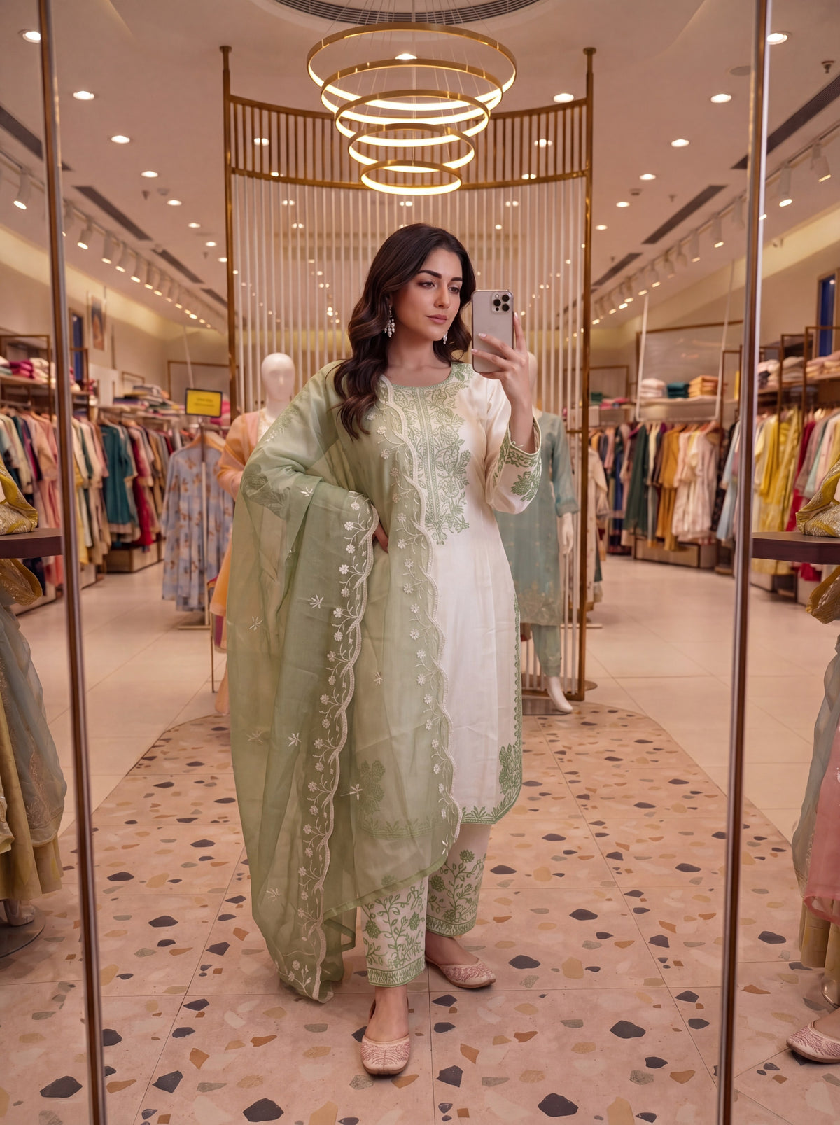 Off-White and Sage Green Roman Silk Kurta Palazzo Set