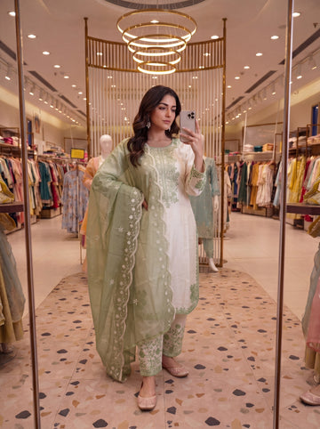 Off-White and Sage Green Roman Silk Kurta Palazzo Set