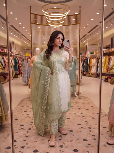 Off-White and Sage Green Roman Silk Kurta Palazzo Set
