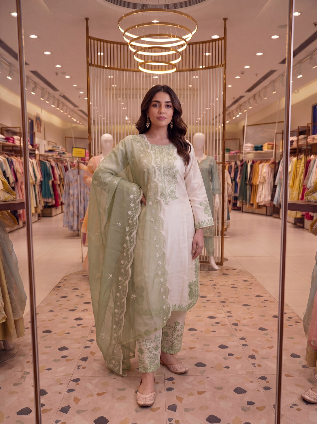 Off-White and Sage Green Roman Silk Kurta Palazzo Set