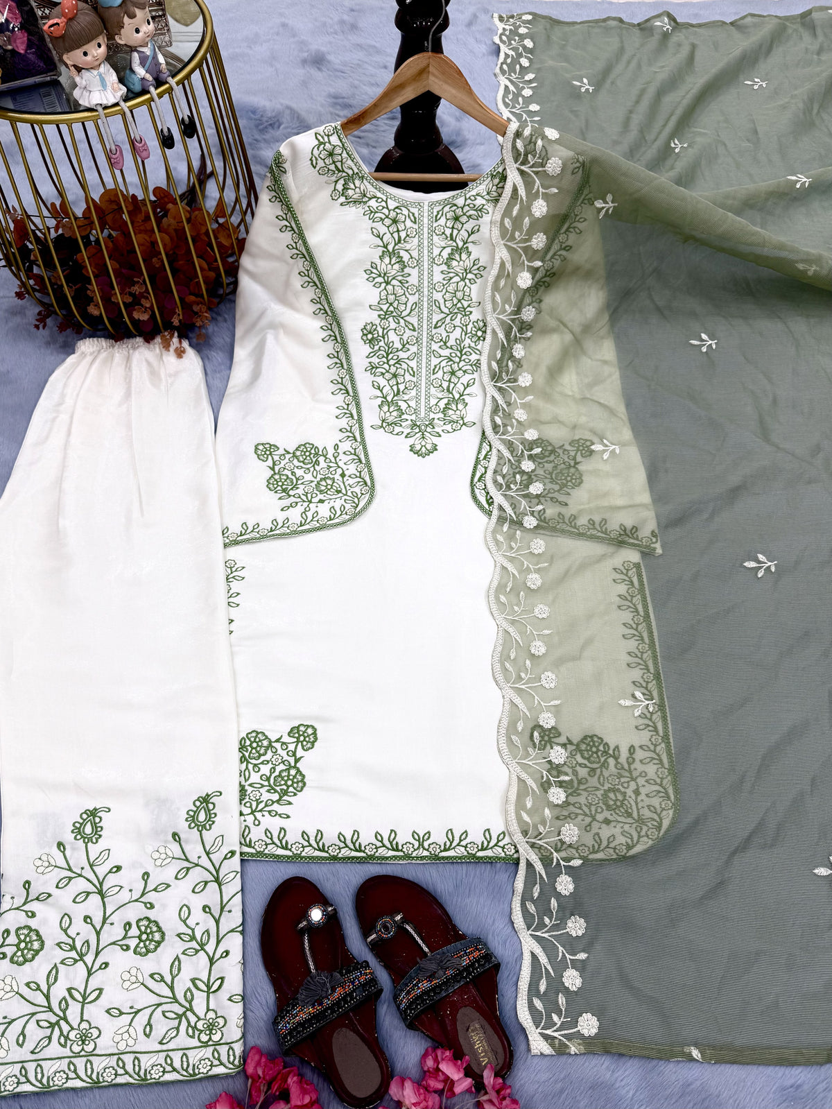 Off-White and Sage Green Roman Silk Kurta Palazzo Set, view 5