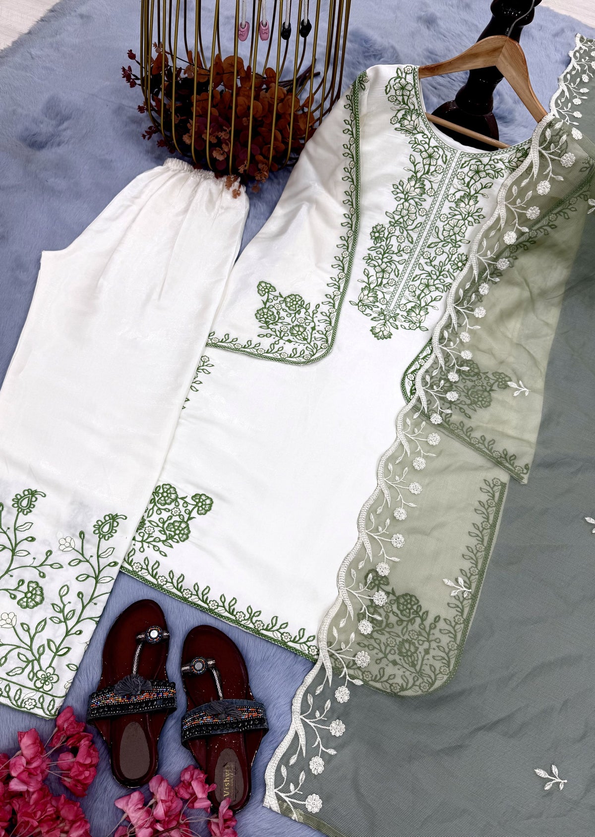 Off-White and Sage Green Roman Silk Kurta Palazzo Set, view 6