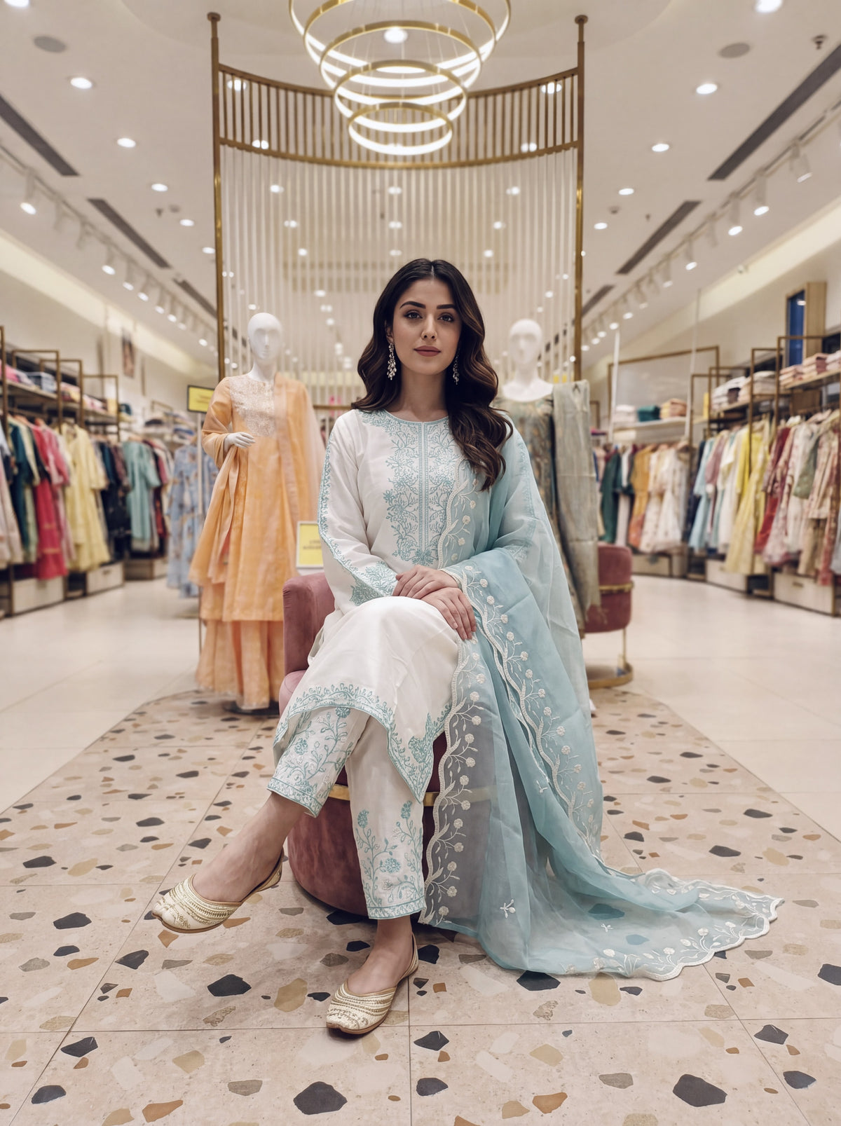 Off-White and Aqua Roman Silk Kurta Palazzo Set, view 3