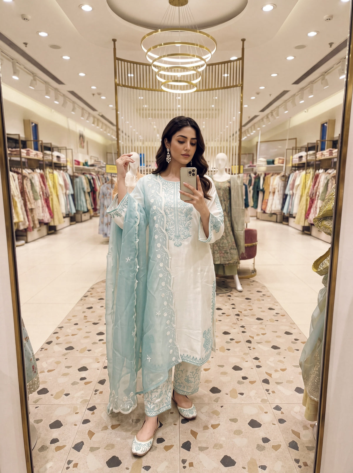 Off-White and Aqua Roman Silk Kurta Palazzo Set, view 2