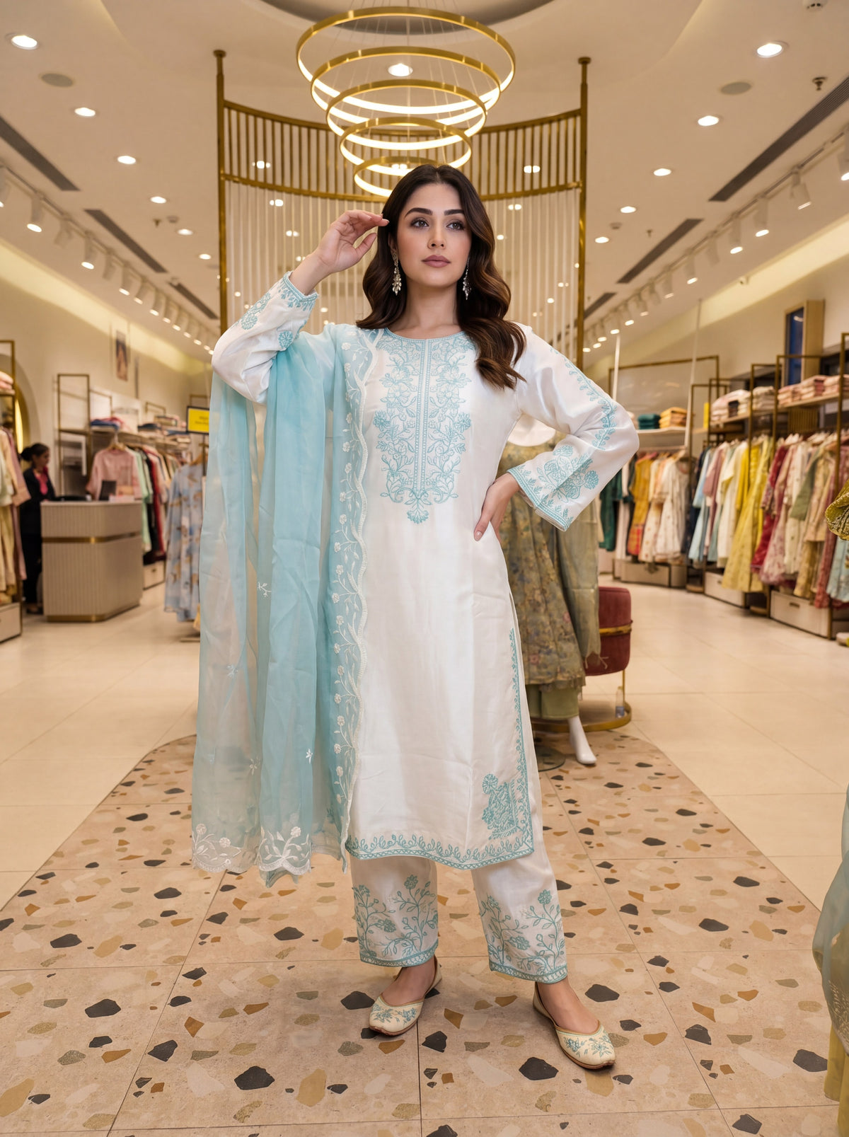 Off-White and Aqua Roman Silk Kurta Palazzo Set