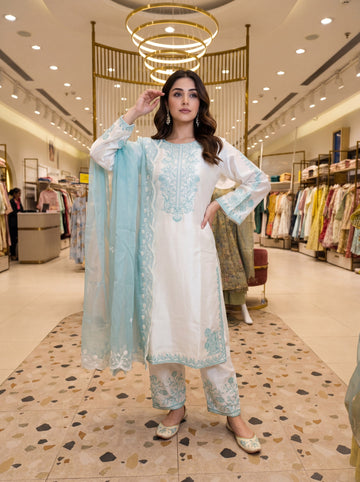 Off-White and Aqua Roman Silk Kurta Palazzo Set