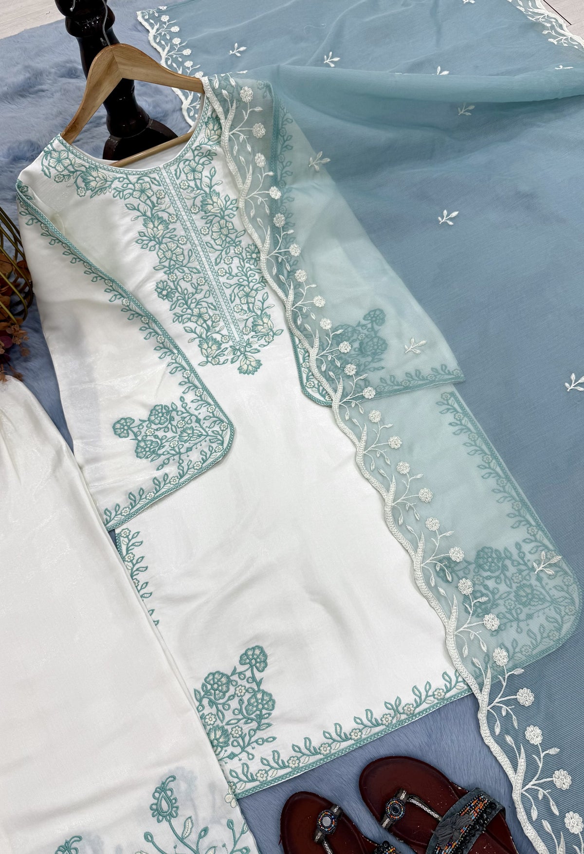 Off-White and Aqua Roman Silk Kurta Palazzo Set, view 5