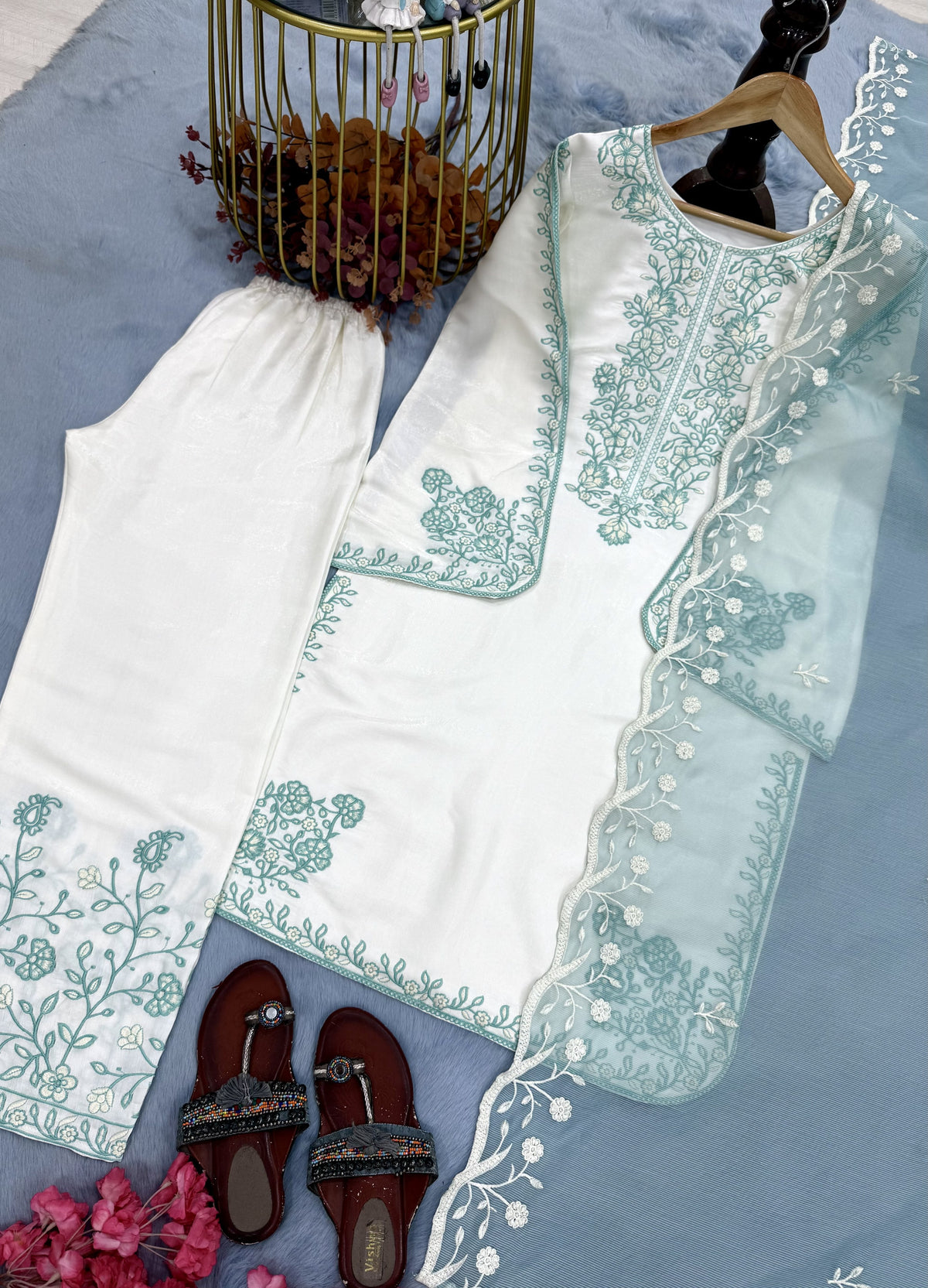 Off-White and Aqua Roman Silk Kurta Palazzo Set, view 6