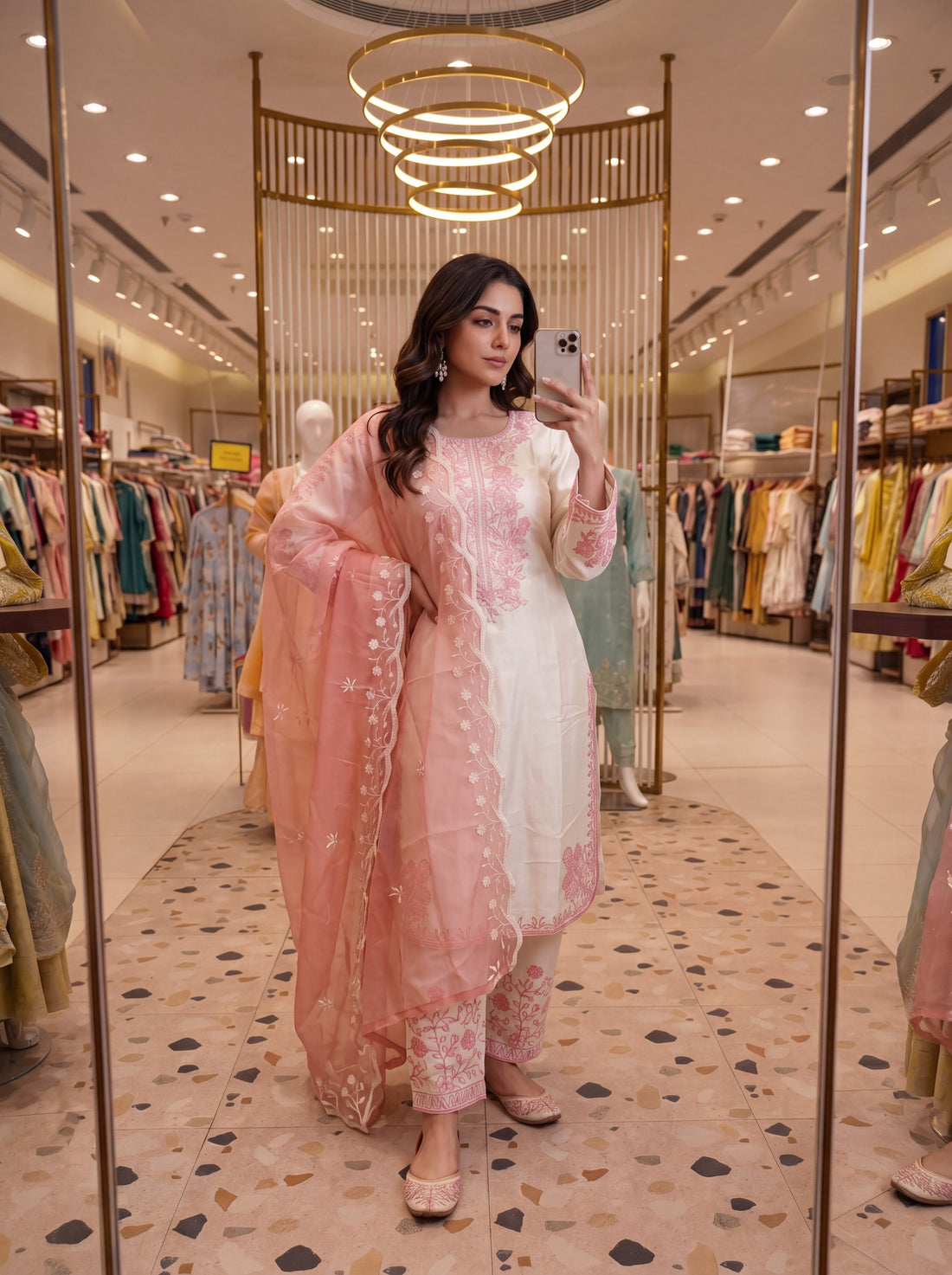 Off-White and Peach Roman Silk Kurta Palazzo Set