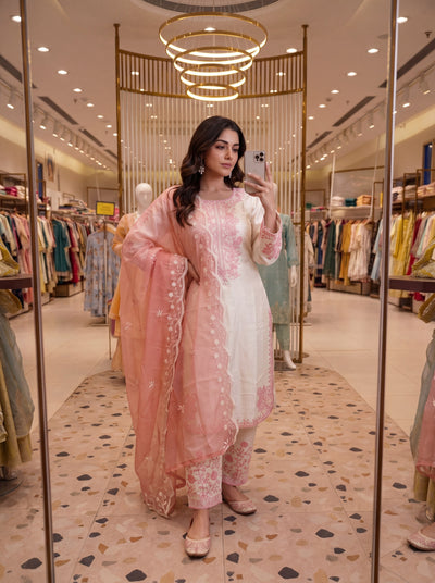 Off-White and Peach Roman Silk Kurta Palazzo Set