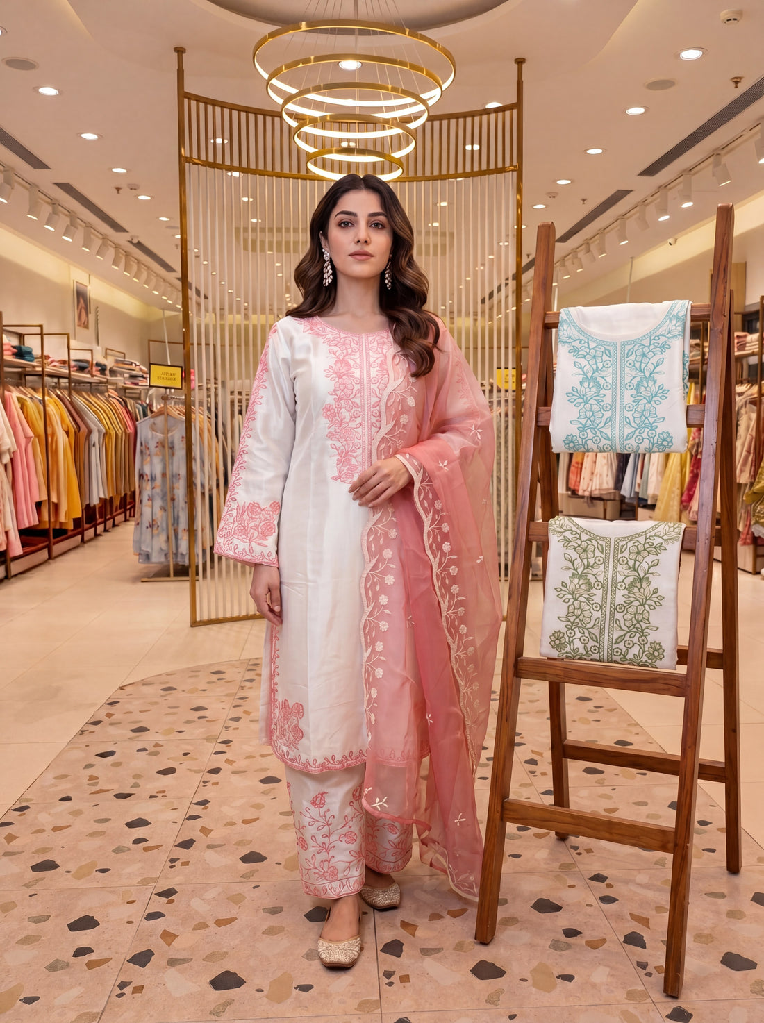 Off-White and Peach Roman Silk Kurta Palazzo Set