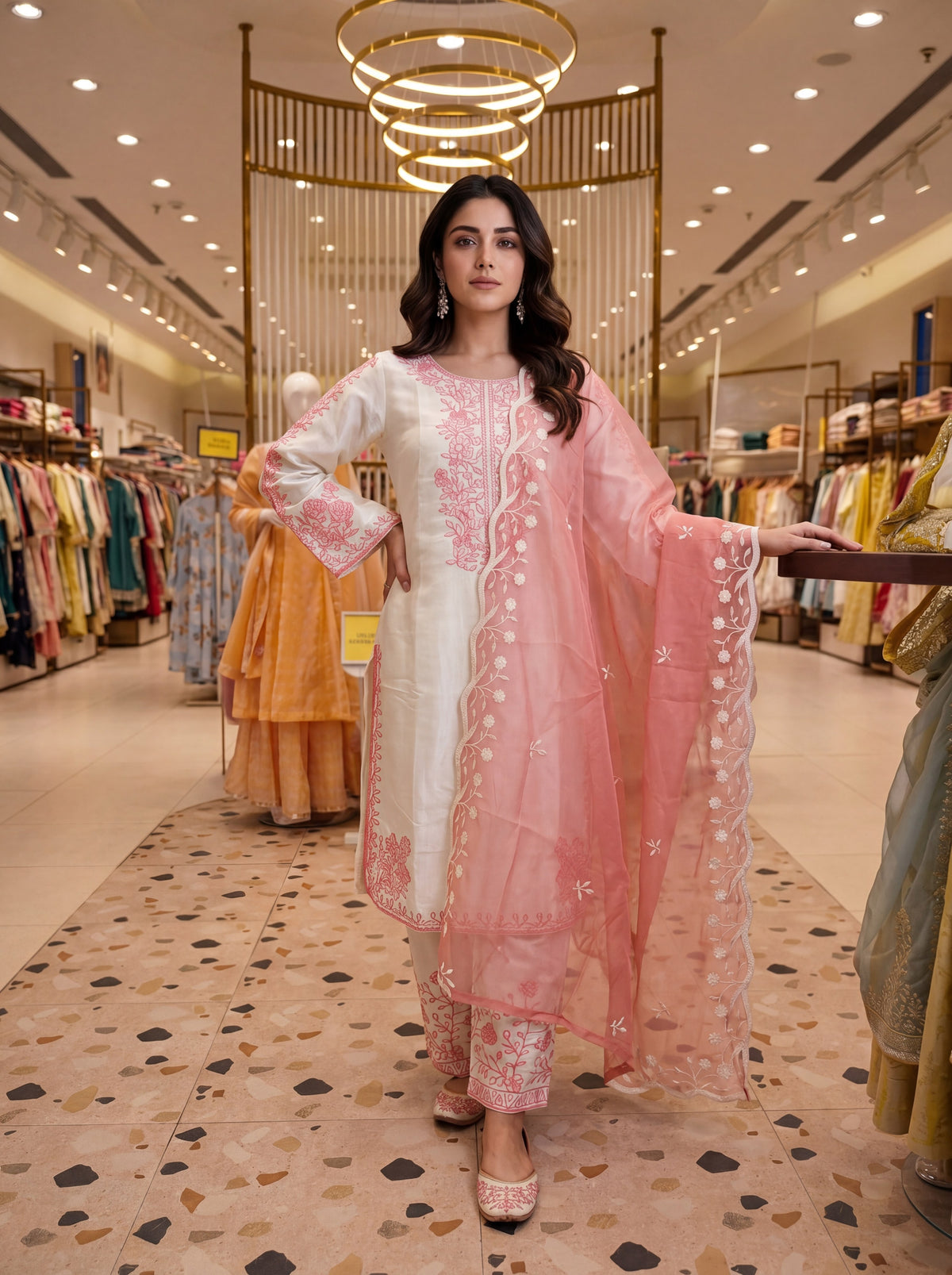 Off-White and Peach Roman Silk Kurta Palazzo Set, view 3