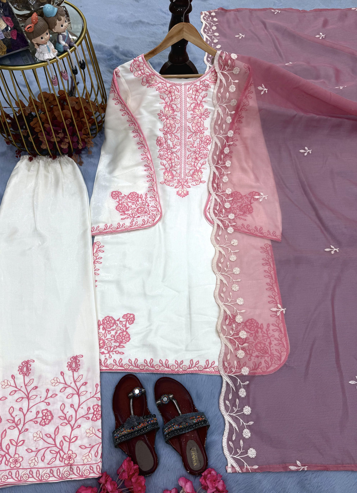 Off-White and Peach Roman Silk Kurta Palazzo Set, view 4