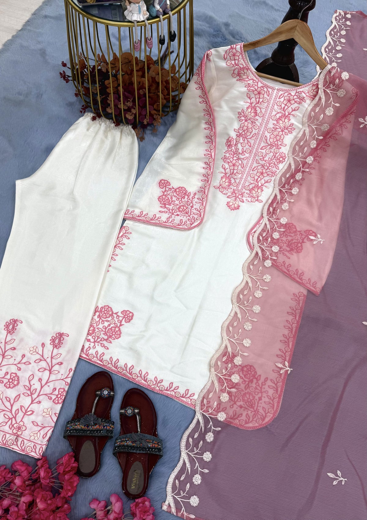 Off-White and Peach Roman Silk Kurta Palazzo Set, view 5