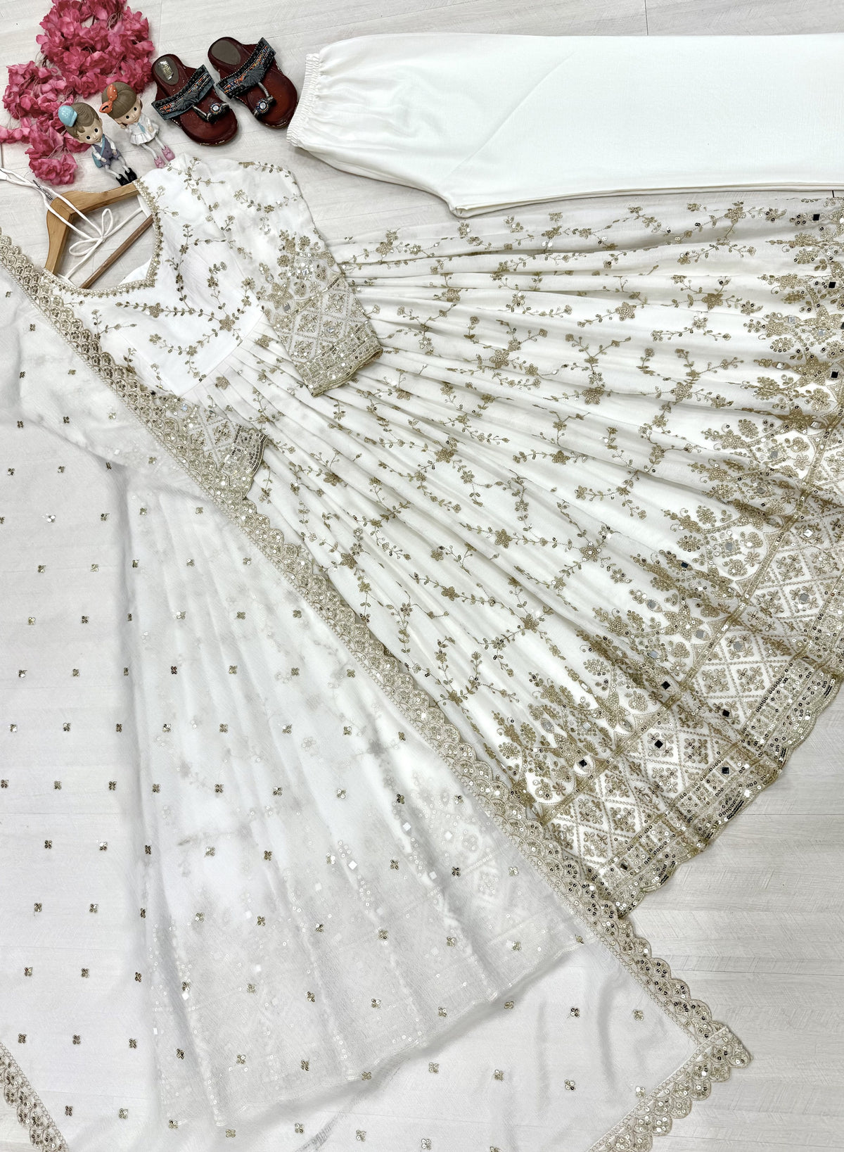 White Chinon Anarkali Suit, view 3