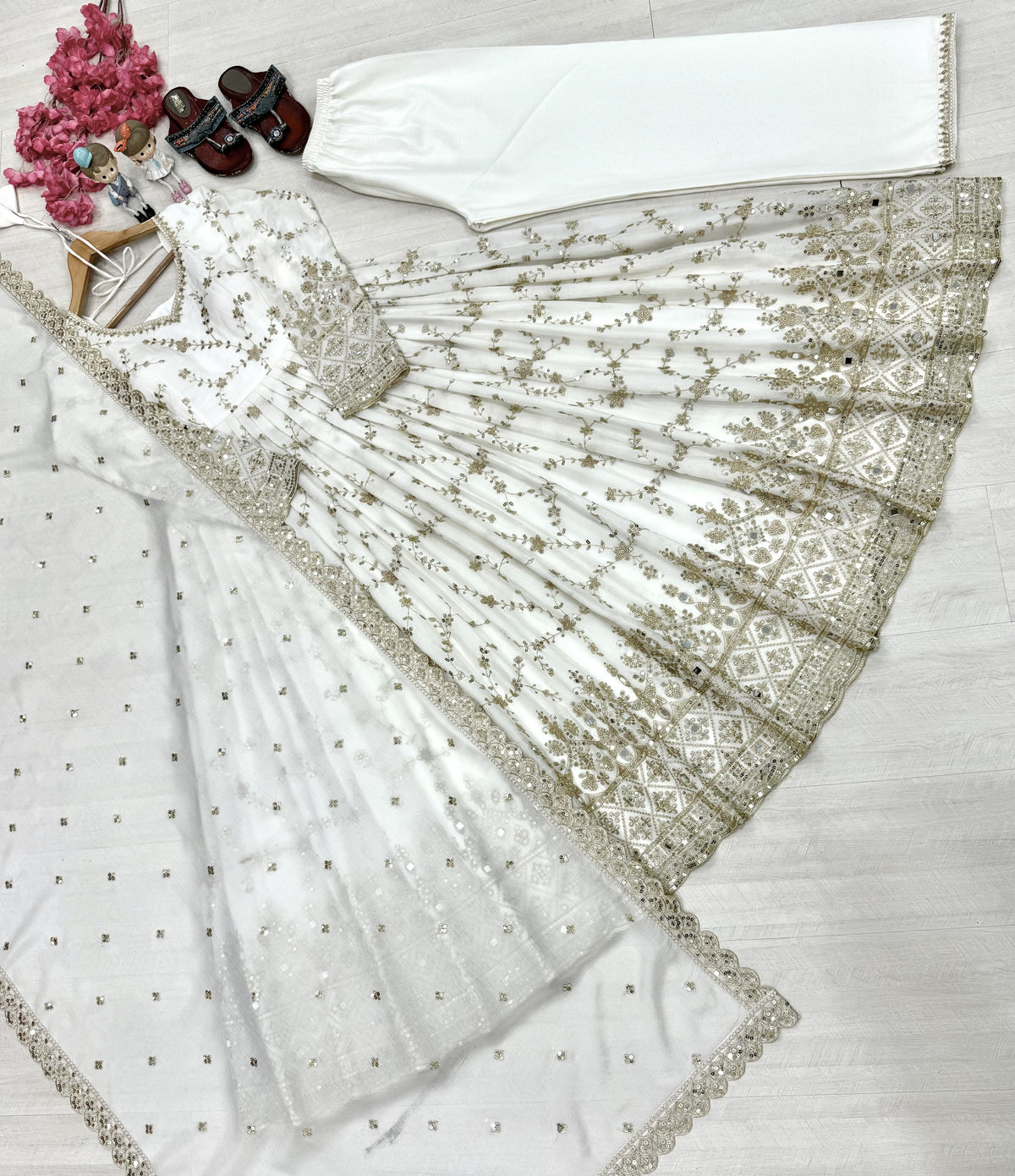 White Chinon Anarkali Suit, view 4