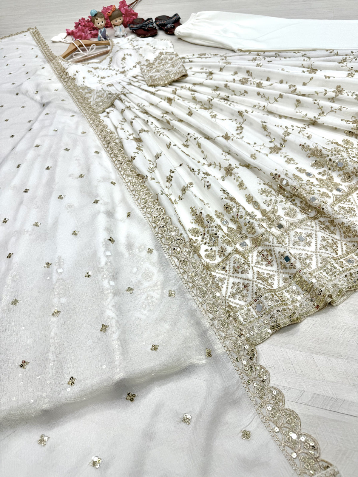 White Chinon Anarkali Suit, view 5