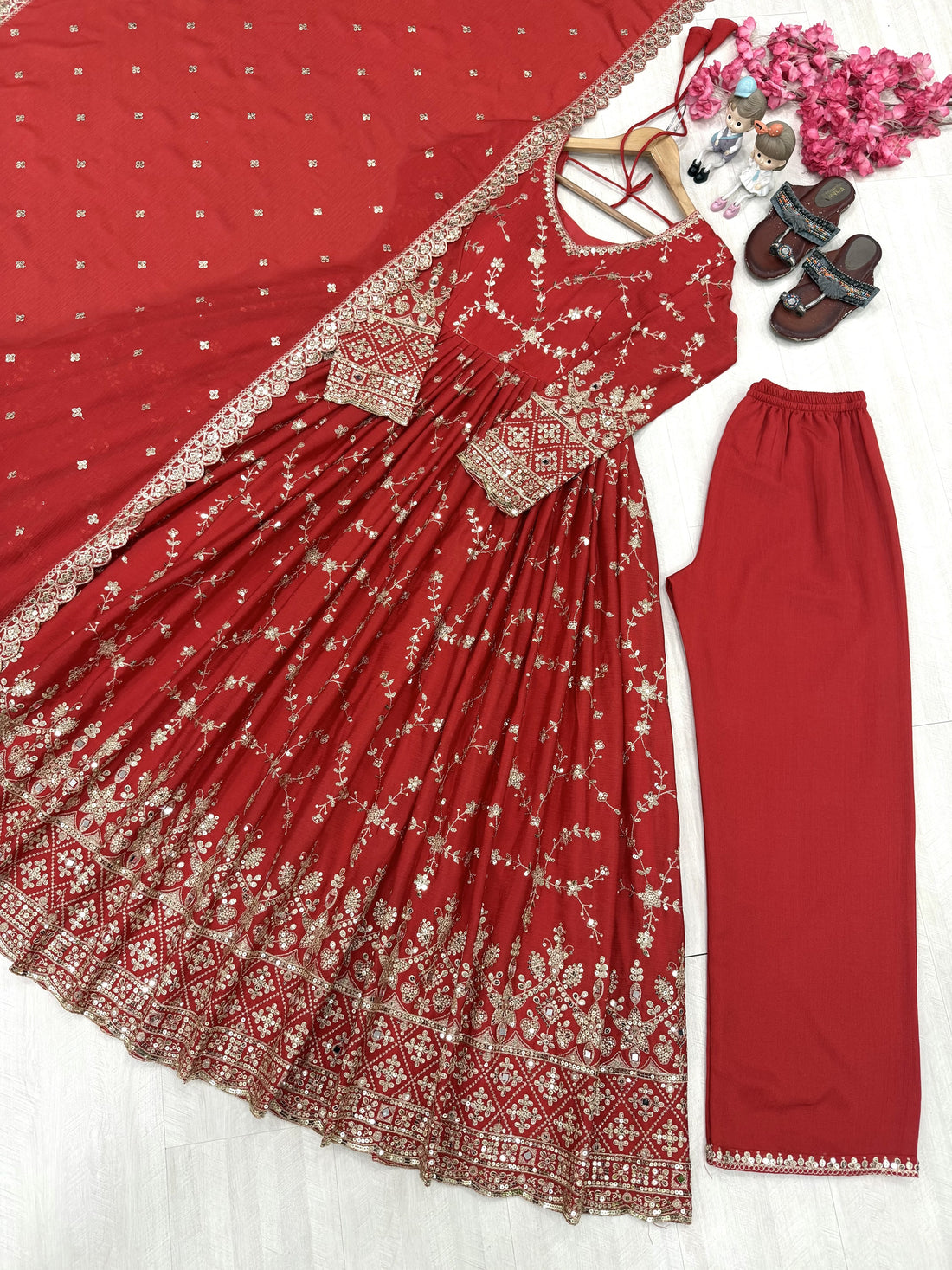 Red Chinon Anarkali Suit