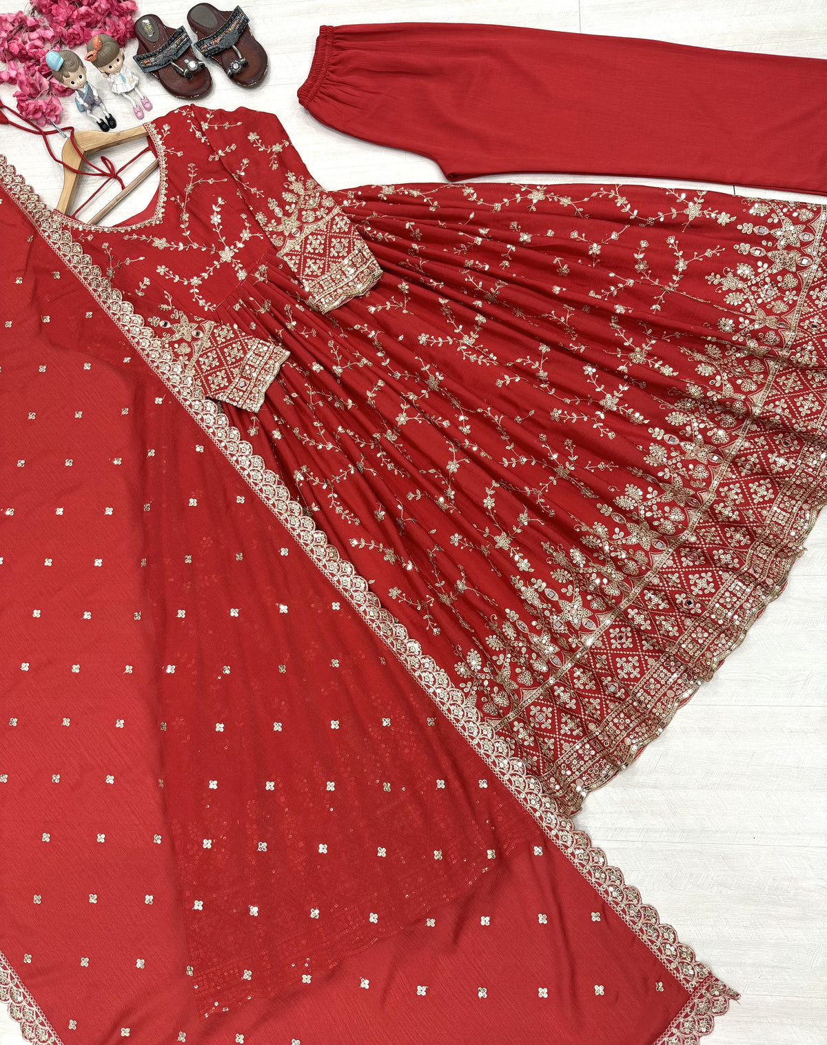 Red Chinon Anarkali Suit, view 3