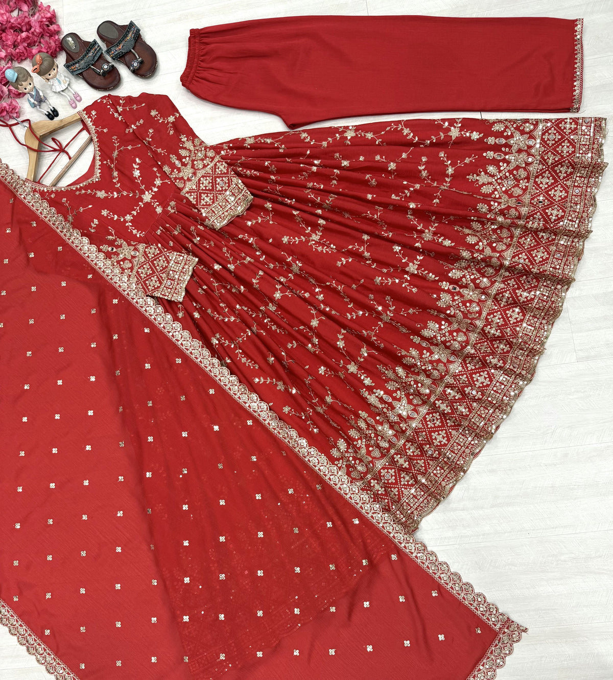 Red Chinon Anarkali Suit, view 4
