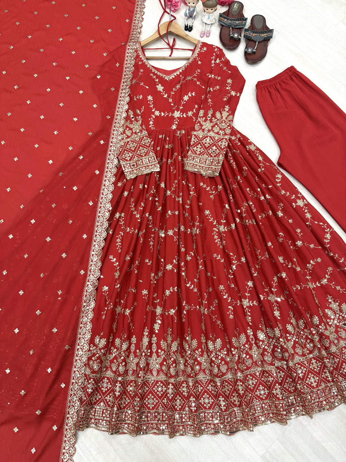 Red Chinon Anarkali Suit, view 5