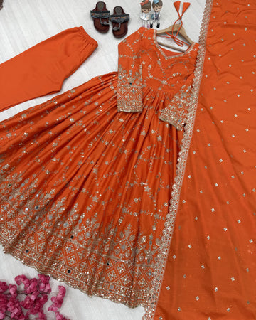 Orange Chinon Anarkali Suit