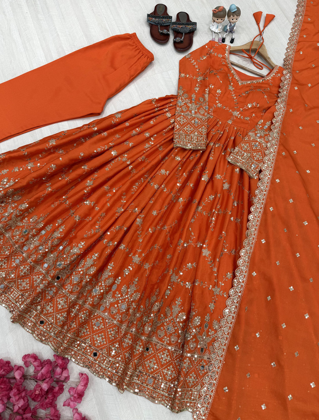 Orange Chinon Anarkali Suit