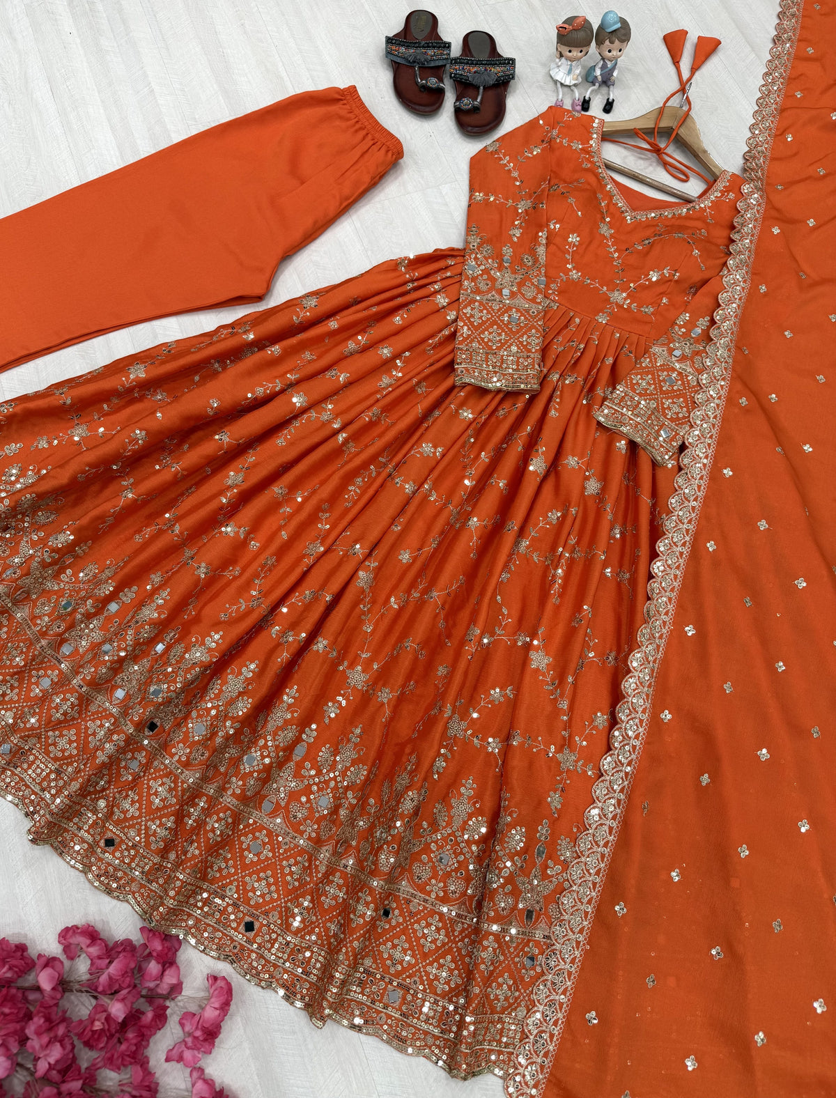 Orange Chinon Anarkali Suit, view 2