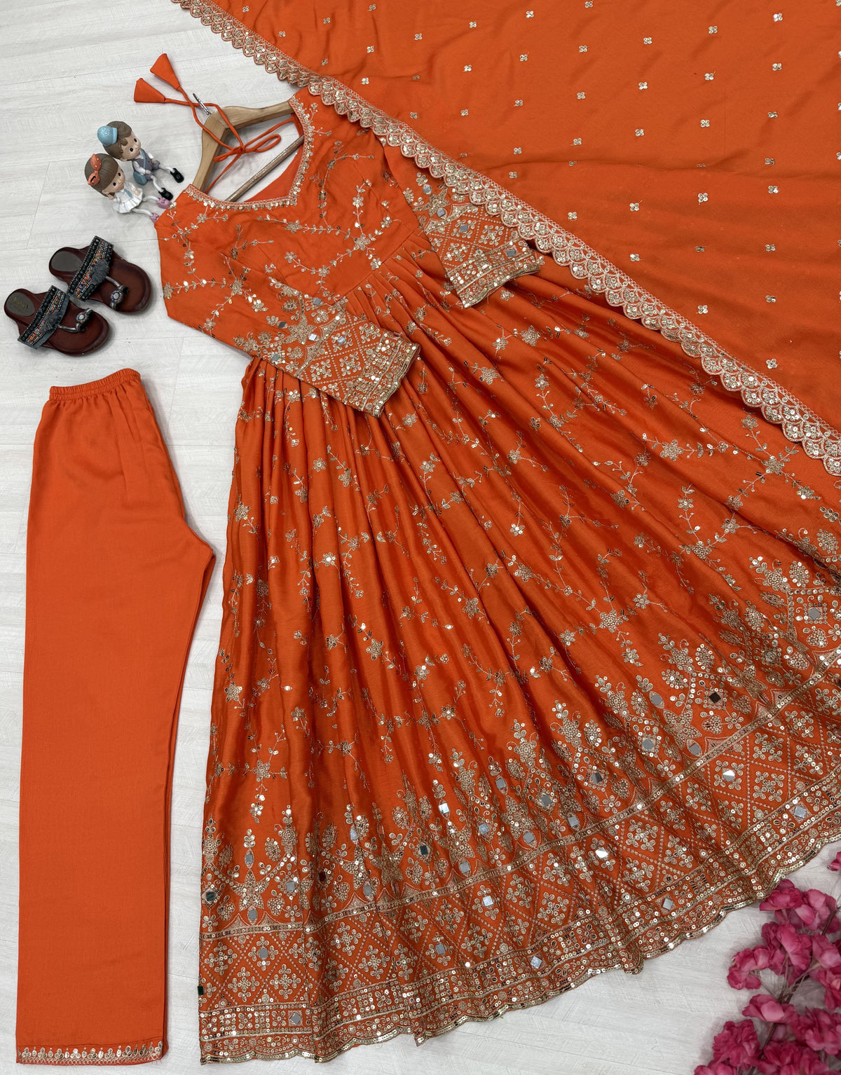 Orange Chinon Anarkali Suit, view 4