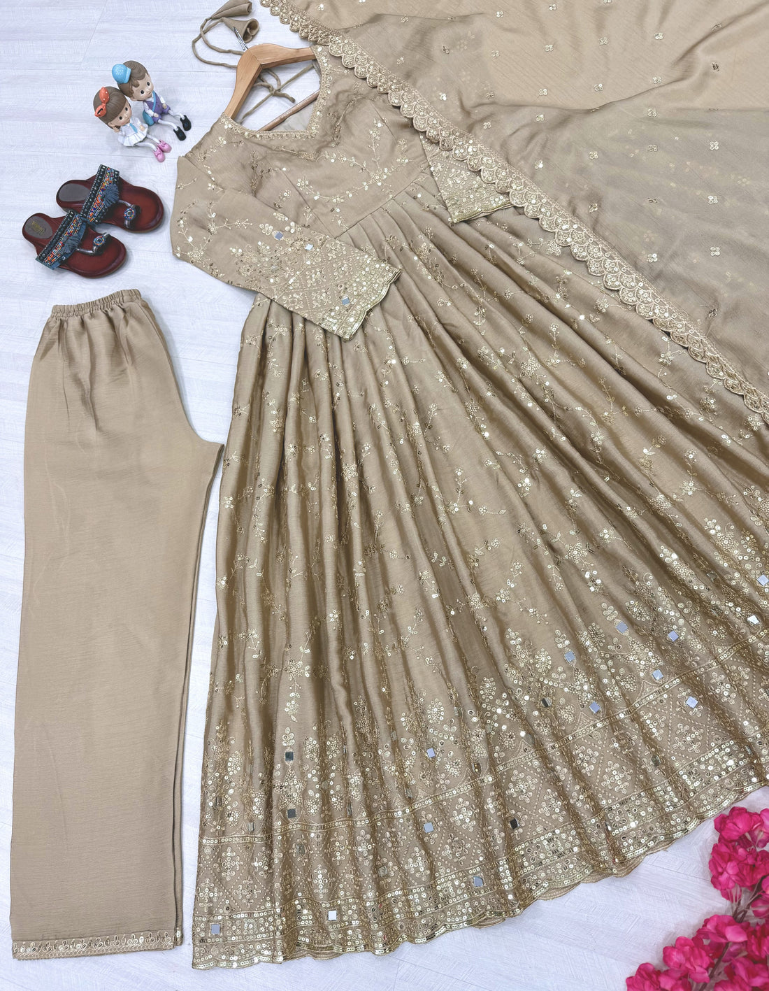 Beige Chinon Anarkali Suit