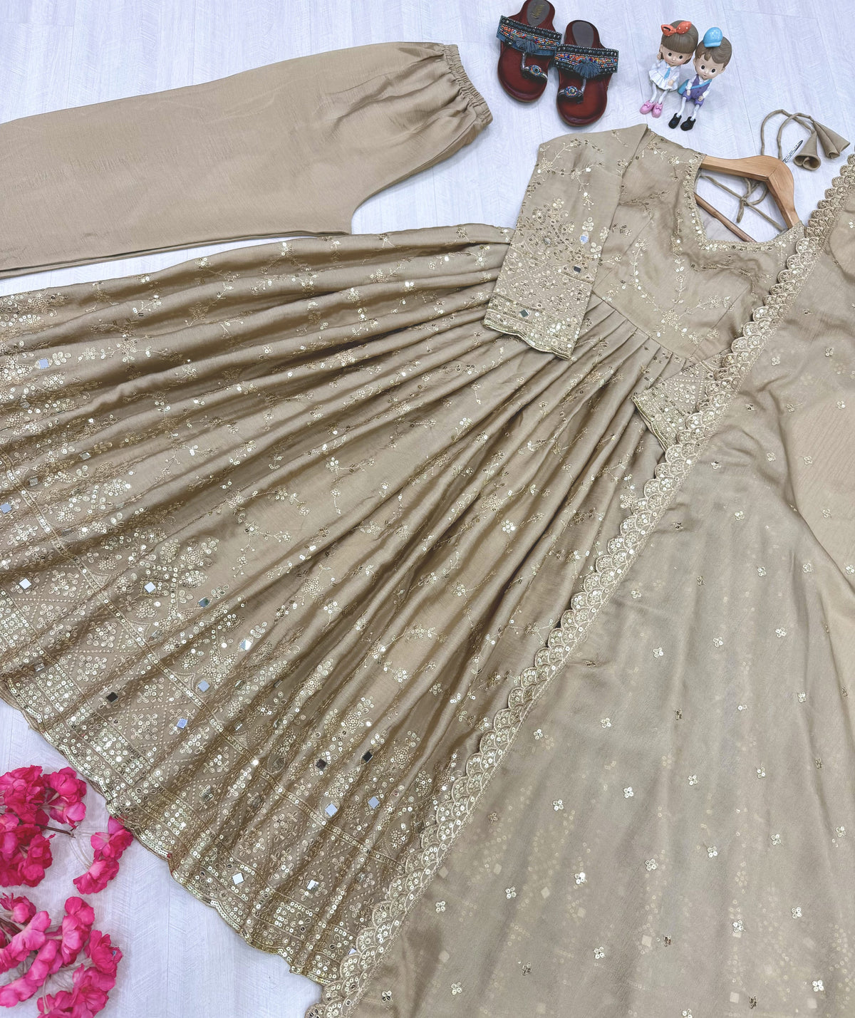 Beige Chinon Anarkali Suit, view 3