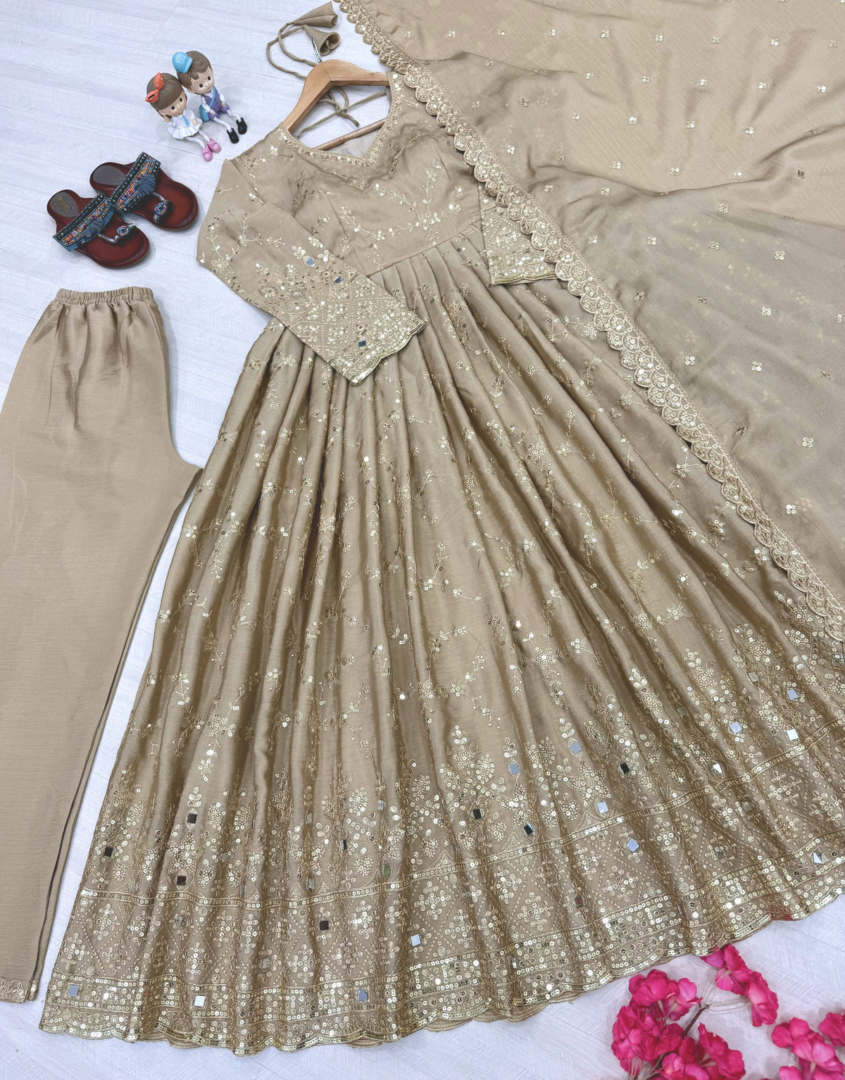 Beige Chinon Anarkali Suit, view 4