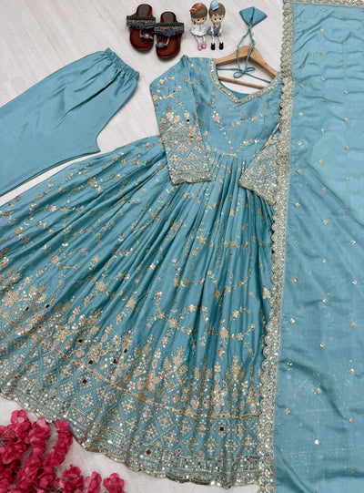 Sky Blue Chinon Anarkali Suit