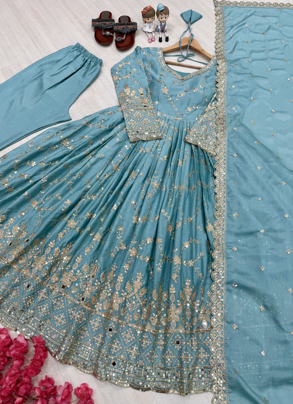 Sky Blue Chinon Anarkali Suit, view 2
